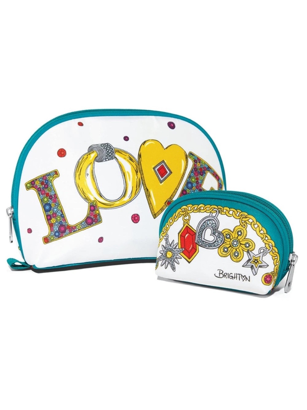 Brighton White Teal 'LOVE' Graphic Cosmetic Bags 2 Piece Set NWT